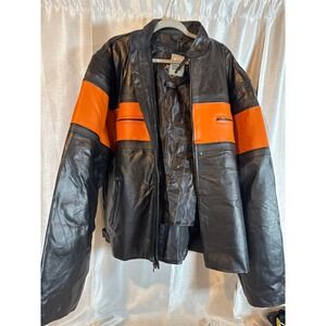 NWT Mens Diamond‎ Plate Genuine Leather Motorcycle Jacket Black Orange 2XL